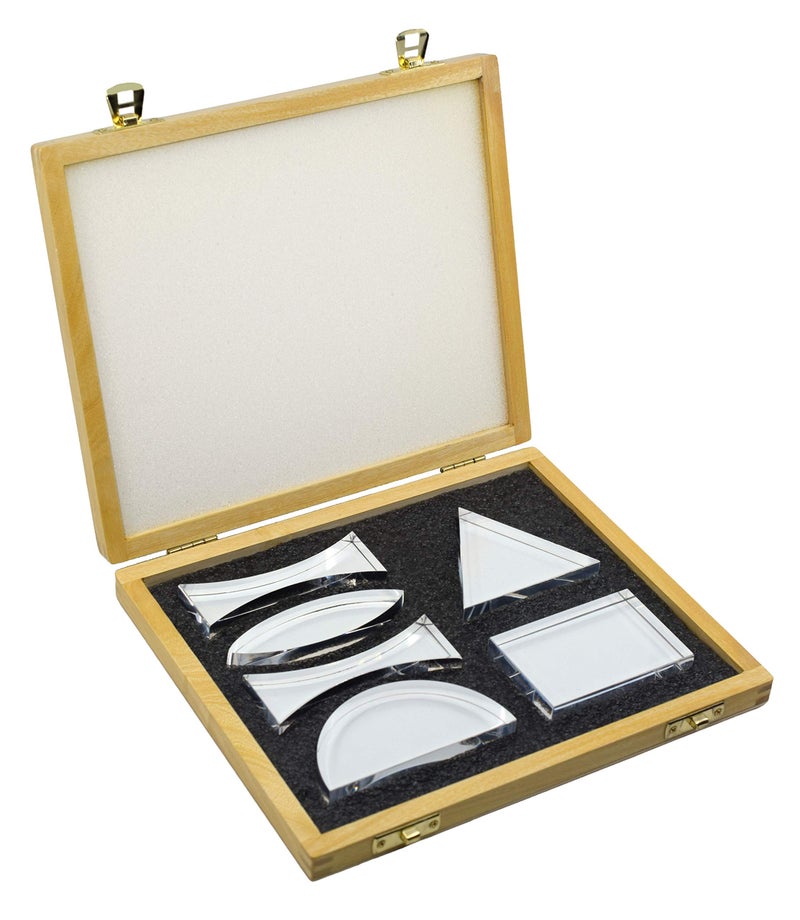 EISCO Prisms & Lenses Set, 6 Pieces - Transparent Acrylic - All Faces Fully Polished - Includes Wooden Storage Box - Image 1